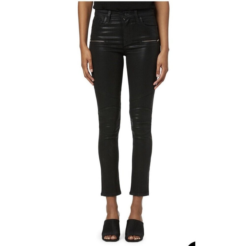 Hudson Womens Barbara Black Coated‎ Moto Zipper Pockets Skinny Leg Jeans SZ 25